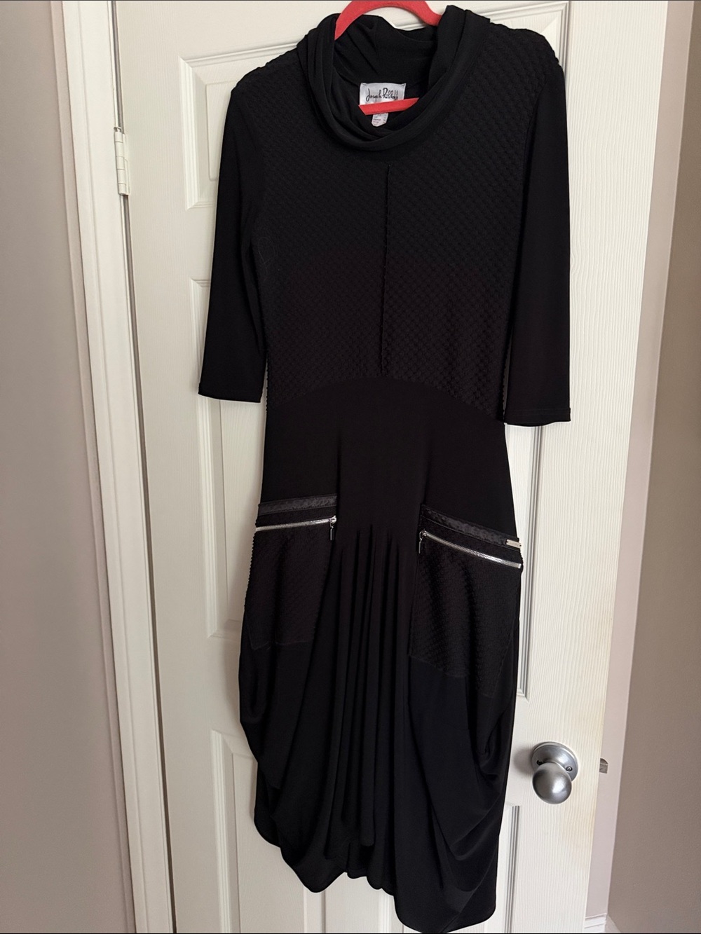 Black Textured Cowl Neck Midi Dress with Zipper Pockets